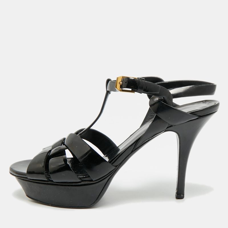 Saint Laurent Tribute Size 37.5 Blue Patent Leather Ankle Strap Sandals